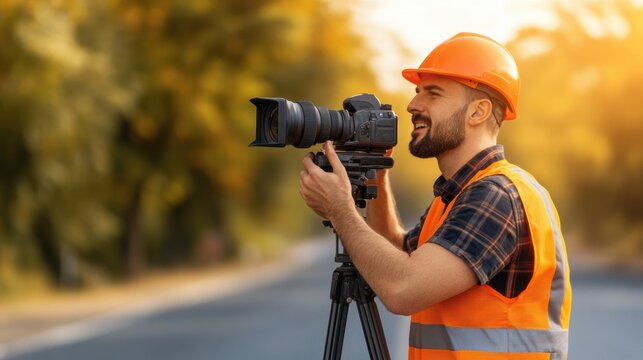 A construction worker captures images on site with a DSLR camera during sunset, This photo is ideal for showcasing photography in industrial settings, emphasizing safety and creativity,