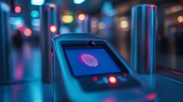 Advanced Fingerprint Scanner at Modern Entry Point with Neon Lights