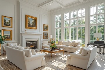 Elegant New England living room with white walls, large windows, plush cream sofas, gold picture frames, and cozy fireplace creating a warm, inviting luxury atmosphere