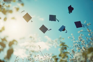 Graduation Caps Tossed in Blue Sky with Flowers Foreground Education Success And Academic Achievements Conceptual Image For Celebratory Moments