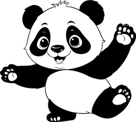 A cartoon style panda bear stands smiling with its arms raised
