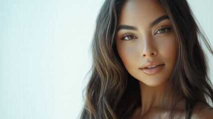 Naklejka premium Radiant Beauty: A close-up portrait of a stunning person, exuding grace and allure with captivating eyes and flowing hair, revealing inner beauty.