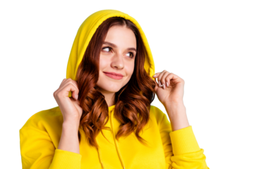 Close up photo of gorgeous attracive peaceful girlfriend looking adoring at empty space isolated over teal vivid color background