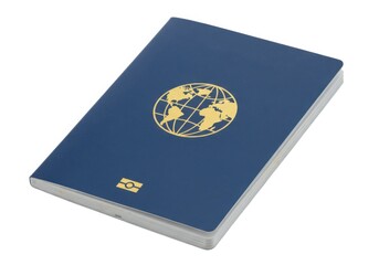 A blue passport with a golden globe design