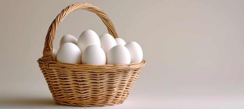 Woven wicker basket holding pristine white eggs on clean white background
