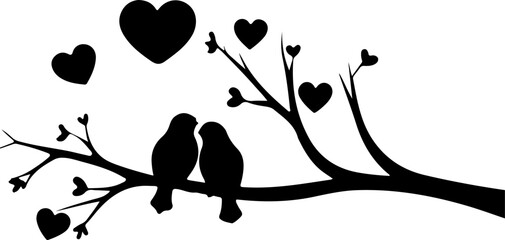 Vector image of two birds perched on a branch silhouetted in black