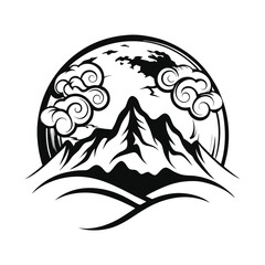 Stylized Mountain Peaks with Ornamental Clouds, Full Moon, Circle Frame, Black and White