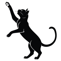 Black Cat Silhouette Reaching Upward, Standing on Hind Legs, Feline Illustration