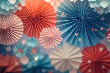 Patriotic Celebration with Red White and Blue Paper Decorations Featuring Star Accents for Festive Holiday Background