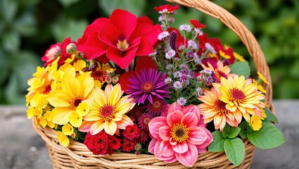 Obraz premium Colorful Thunbergia, Achillea, and Sedum in Rattan Basket