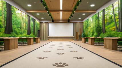 Fototapeta premium Elegant Conference Room with Nature-Inspired Decor and Paw Print Carpet Design