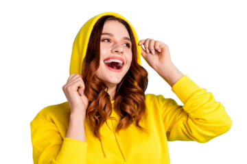 Close up photo of trendy cheerful cute nice sweet youngster laughing looking away toothy wearing hood isolated over teal vivid color background