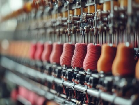 Rows of Vibrant Red Textile Threads on Industrial Spools with Automated Machinery in Factory Setting Offering Detailed Close Up Texture and Precision Arrangement