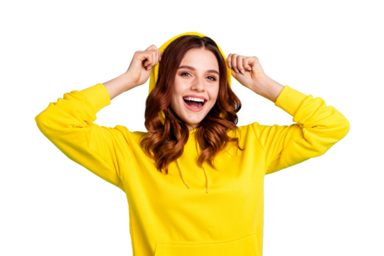 Photo of cheerful cute nice charming pretty sweet putting her hood on smiling toothily beaming isolated over teal vivid color background