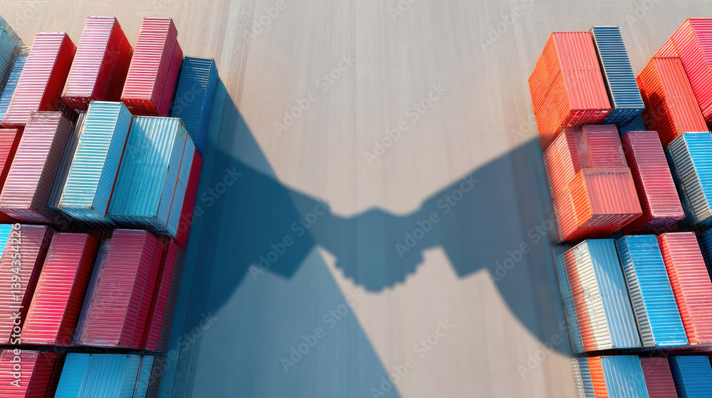 Poster dynamic aerial view of shipping containers casting handshake shadow, symbolizing partnership and col