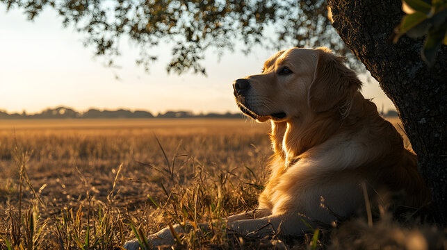 A golden retriever rests peacefully under a tree, enjoying the golden light of sunset in a field. A farmers dog resting in the shade of a tree. Golden Retriever at Sunset in a Field