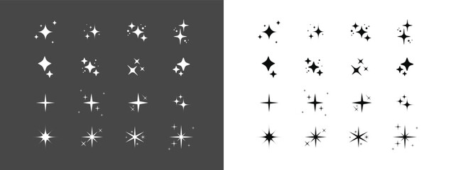 Set of blinking stars, sparks and sparkles. Shining twinkle sunburst shapes collection. Magic light flare pack for design template, poster, banner, brochure, leaflet. Vector glint glitter illustration