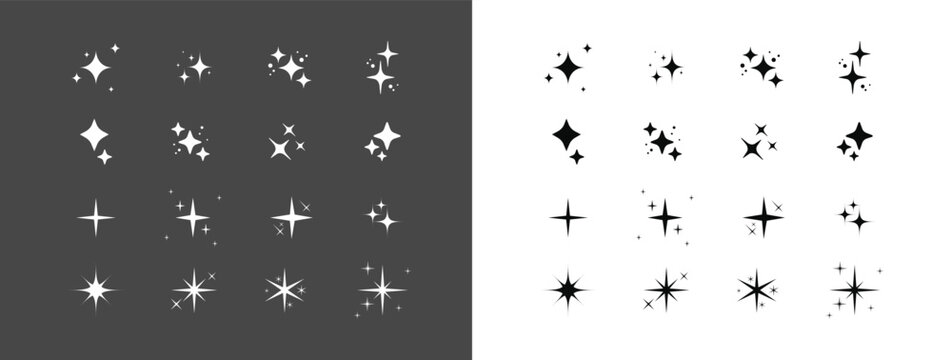 Set of blinking stars, sparks and sparkles. Shining twinkle sunburst shapes collection. Magic light flare pack for design template, poster, banner, brochure, leaflet. Vector glint glitter illustration