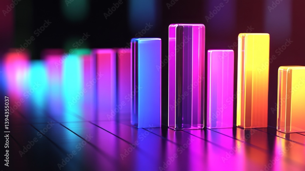 Poster a close-up of a d bar graph with glowing edges on each bar, representing different data sets, agains