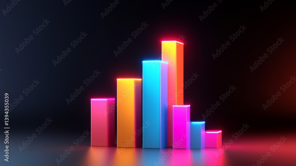 Poster a close-up of a d bar graph with glowing edges on each bar, representing different data sets, agains