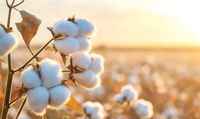 Natural cotton bolls glowing softly under warm sunlight fresh and fluffy white cotton plant close-up in serene agricultural field. generative ai