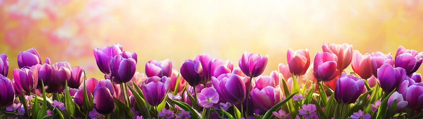 Obraz premium Vibrant purple and pink tulips blooming in morning sunlight with golden bokeh background