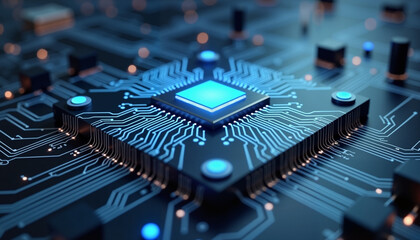 Glowing microchip on circuit board, blue futuristic technology