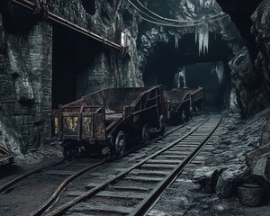 Naklejka premium A desolate coal mine, its rusted carts frozen on the tracks, surrounded by crumbling tunnels and damp stone walls.