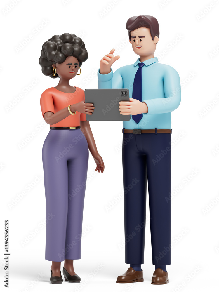 Aufkleber 3d man points at a tablet held by a 3d woman. symbolizes teamwork and technology use. 3d rendering, 