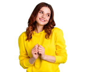 Photo of attractive cute lovely adoring girlish youngster admiring empty space near her isolated over vivid color teal background