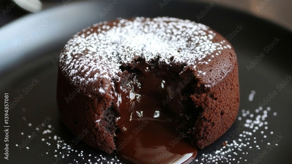 Poster a close-up of a chocolate lava cake with molten chocolate oozing from the center, served on a dark p
