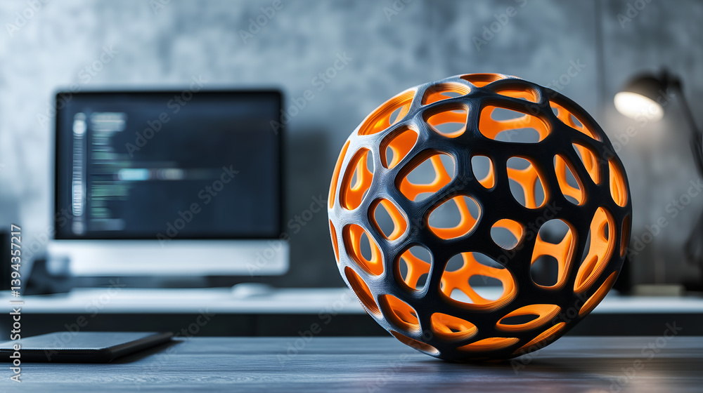 Poster a futuristic glowing orb on a desk with a computer in background. the abstract design creating a cap
