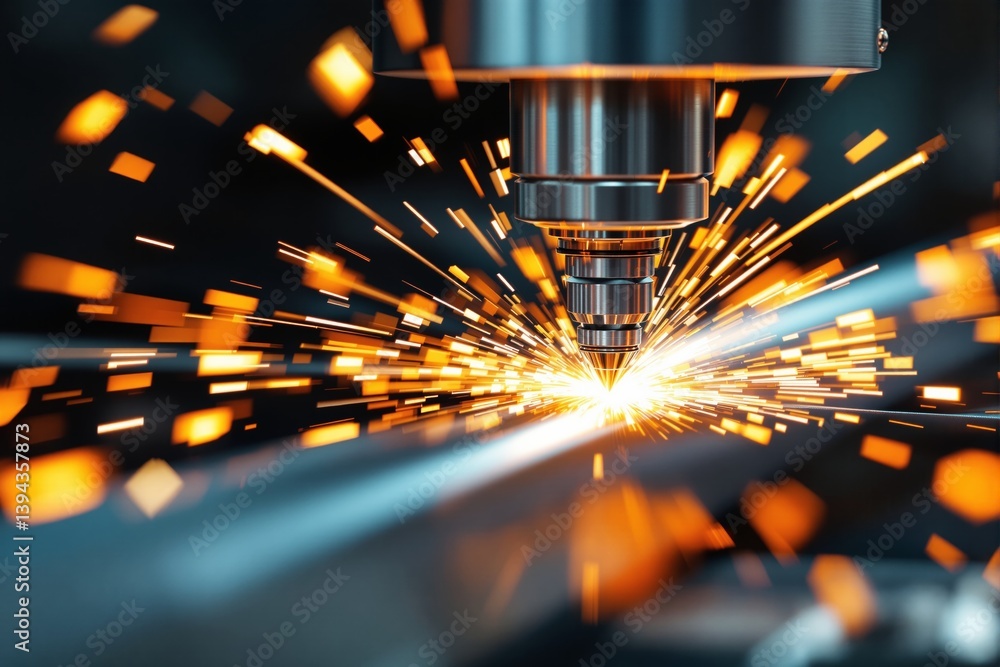 Poster close-up of a cnc laser cutting machine emitting bright sparks in an industrial setting.