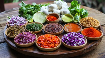 Fototapeta premium A close-up of a colorful assortment of Thai spices and condiments arranged on a wooden table, showcasing the rich flavors that define Thai cooking.