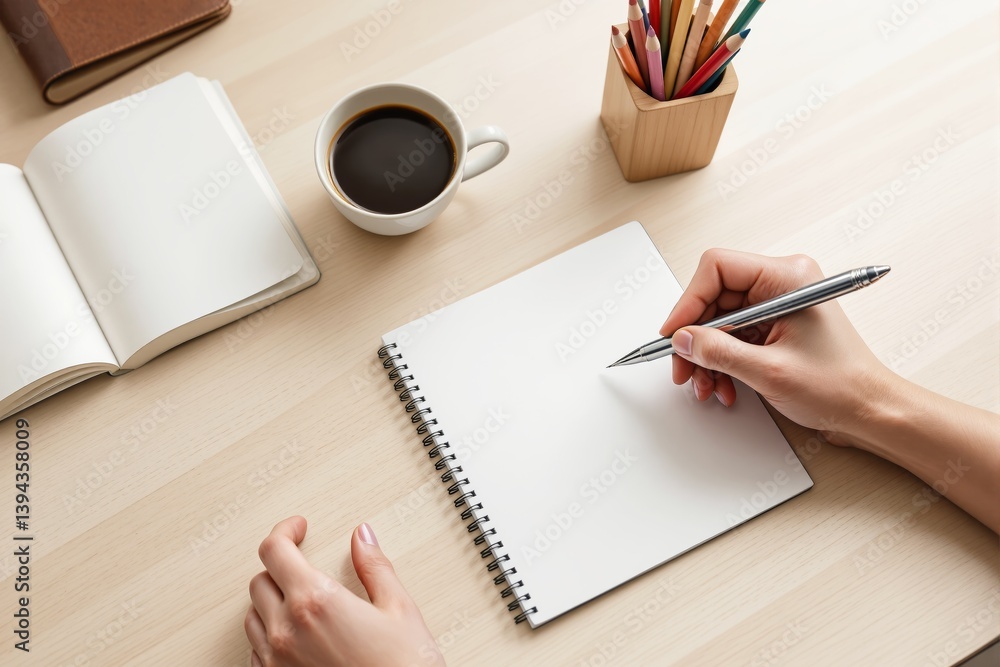 Poster writing in notebook with coffee and stationery on wooden desk.