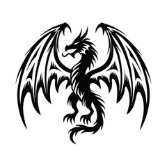 Dragon Black Silhouette with Wings Spread, Mythical Creature Isolated on White, Fierce