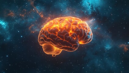 Fiery brain in cosmic expanse.  A glowing orange-hued brain is centered against a backdrop of swirling nebulae, stars, and deep space. 