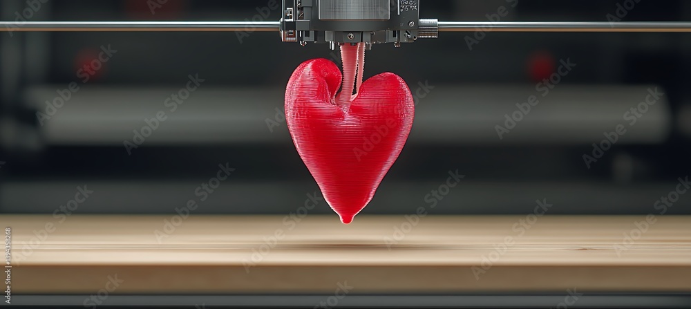 Poster a three dimensional printer creating a vivid red heart shape