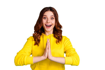Photo of cheerful cute nice charming fascinating girlfriend begging you saying prayer with ecstatic...
