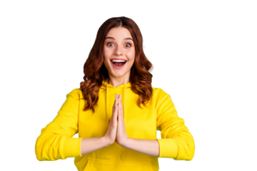 Photo of cheerful cute nice charming fascinating girlfriend begging you saying prayer with ecstatic facial expression hands folded isolated over teal vivid color background