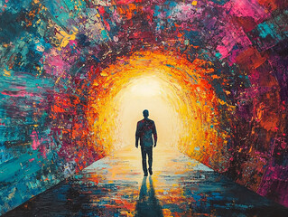 A person walks through a tunnel with swirling, vibrant colors—blue, pink, orange, and yellow—blending around them. The bright light at the tunnel’s end symbolizes transition, energy, and discovery.