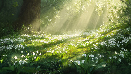 serene forest scene with sunlight streaming through trees, illuminating carpet of blooming snowdrops. lush greenery and gentle light create peaceful atmosphere
