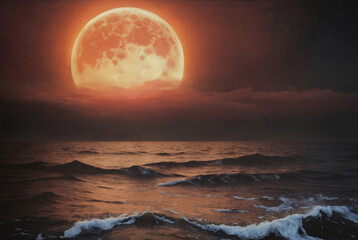 A real full blood moon in a dark sky with clouds over a stormy sea