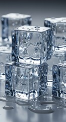 Crystal-clear ice cubes glistening with melting water droplets, a refreshing and cool visual, reflecting light in a serene arrangement.