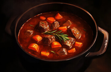 pot of traditional beef stew with tender meat and carrots is simmering, exuding rich aroma. dish is garnished with fresh rosemary, adding touch of elegance