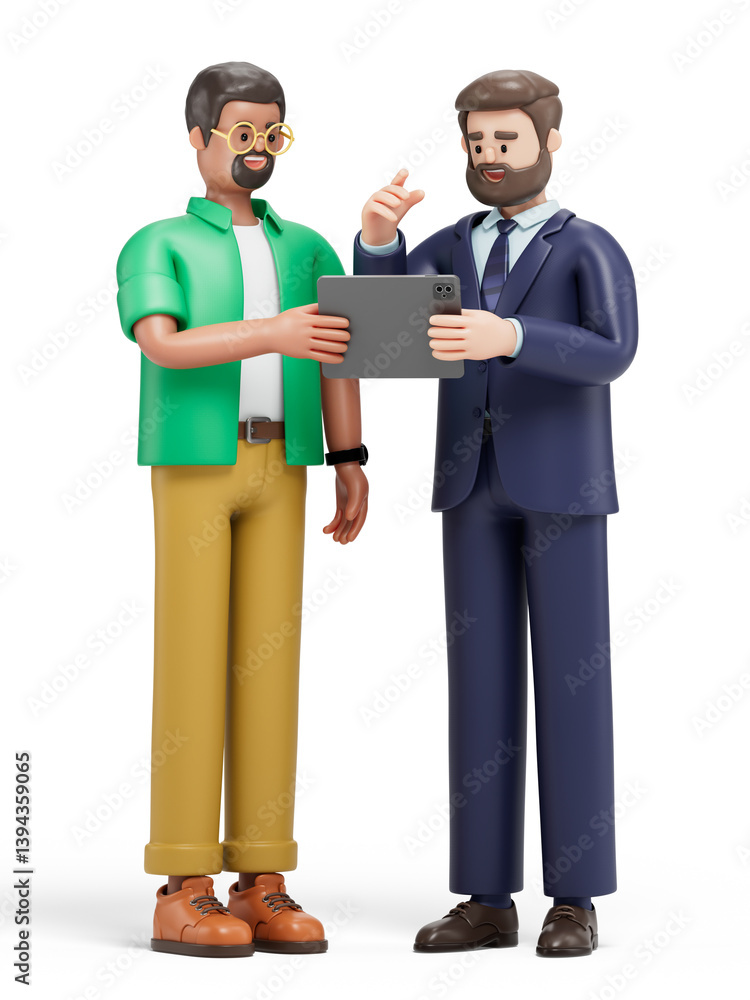 Aufkleber 3d man points at a tablet held by another 3d man. symbolizes teamwork and technology use. 3d renderi