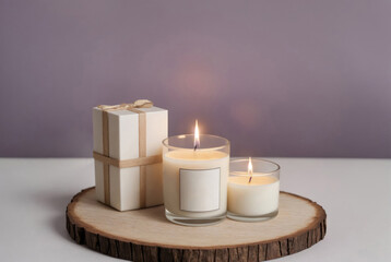 Festive gift box and candles on a wooden podium on the table