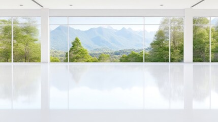 A modern empty room with large floor-to-ceiling windows showcasing a breathtaking view of lush green trees and majestic mountains, and serene and spacious interior.