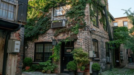 Fototapeta premium A charming brick building exterior with ivy growing along the walls.