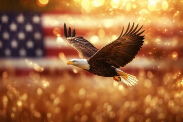 Majestic Eagle Soaring with American Flag in Golden Bokeh Background Patriotic Pixel Art Illustration with Bold Wings and Stars and Stripes Symbolism